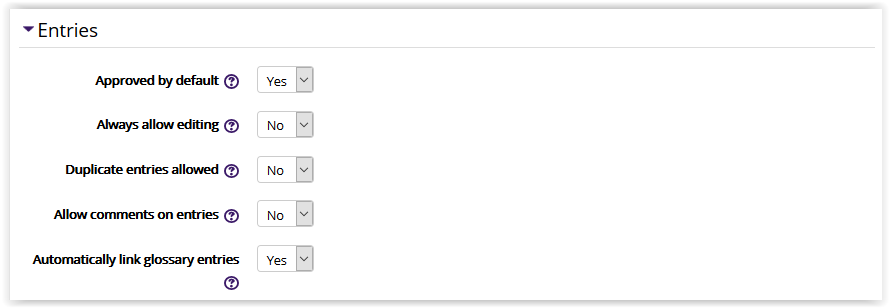Glossary settings/entries settings in moodle 3
