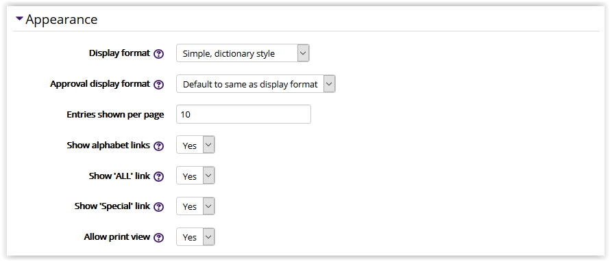 Glossary settings/appearance settings in moodle 3