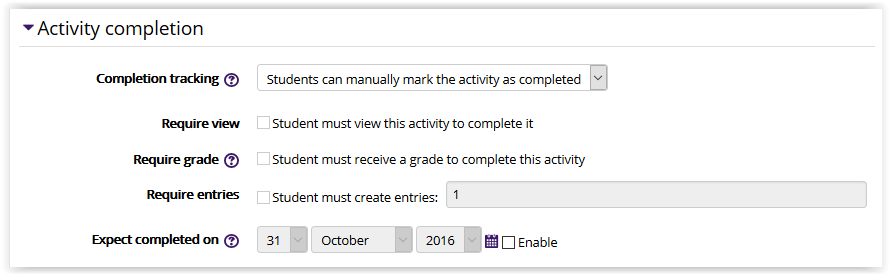 Glossary settings/activity completion settings in moodle 3