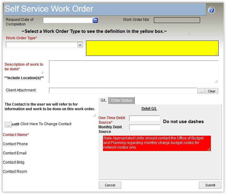 Add a Work Order window with different options such as work order type, and others.