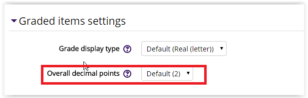 the overall decimal points settings drop down menu