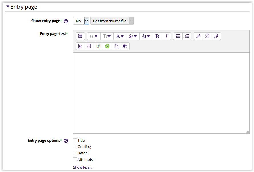 Hotpot entry page settings in moodle 3