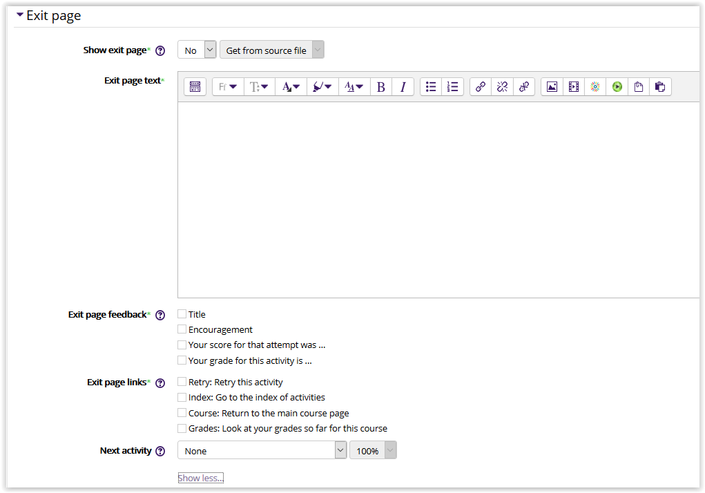 Hotpot exit page settings in moodle 3
