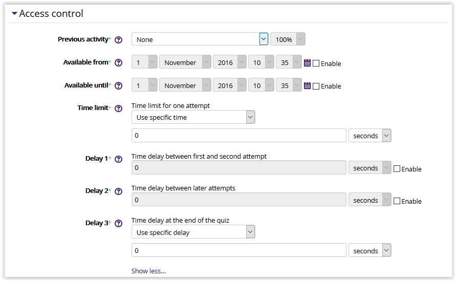 Hotpot access control settings in moodle 3