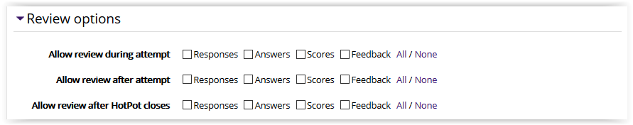 Hotpot review options settings in moodle 3