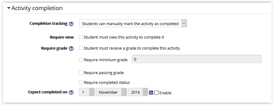 Hotpot activity completion settings in moodle 3