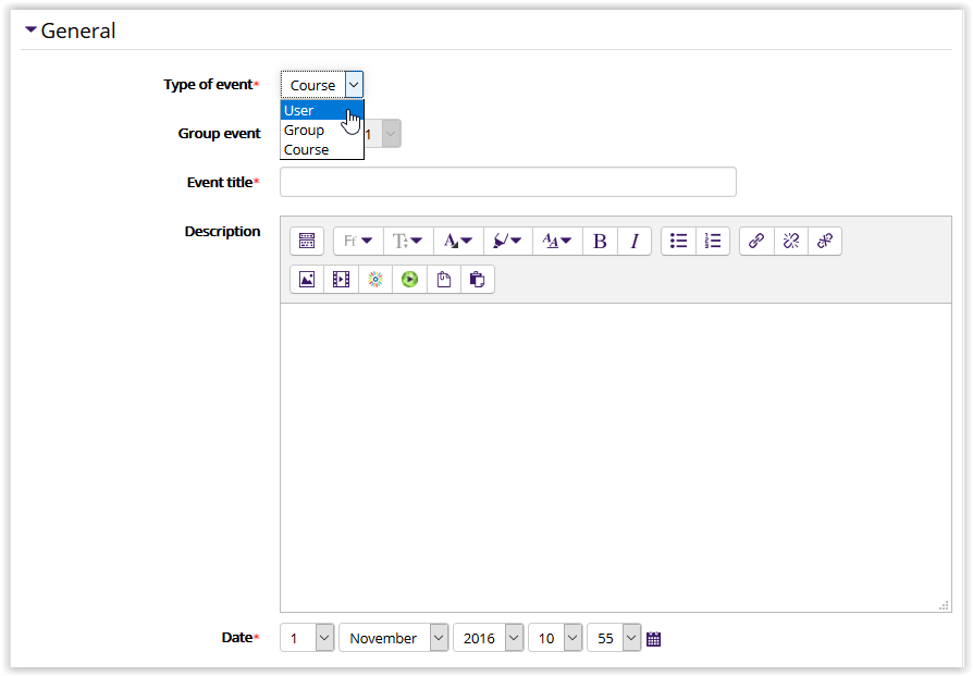 Calendar general settings, showing event type, group, title, description, and date