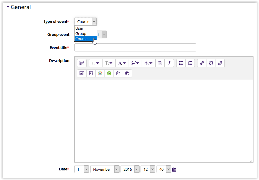 Calendar general settings, showing event type, group, title, description, and date