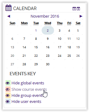 Show course events button on calendar in moodle