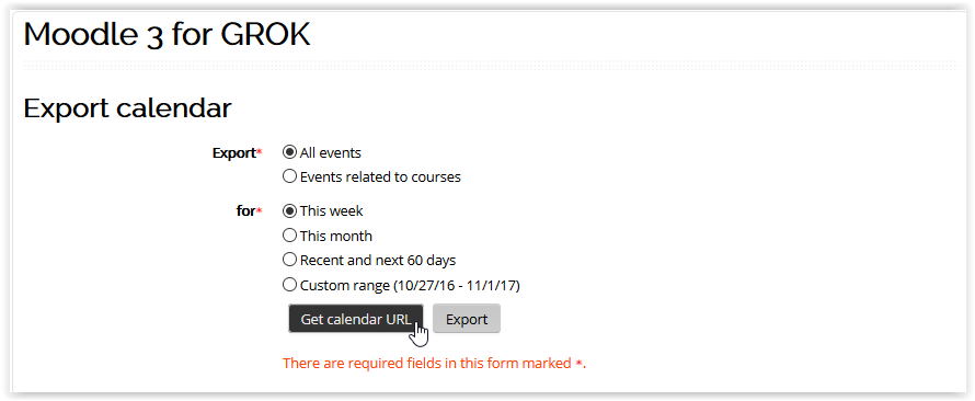 Get calendar URL button in moodle 3