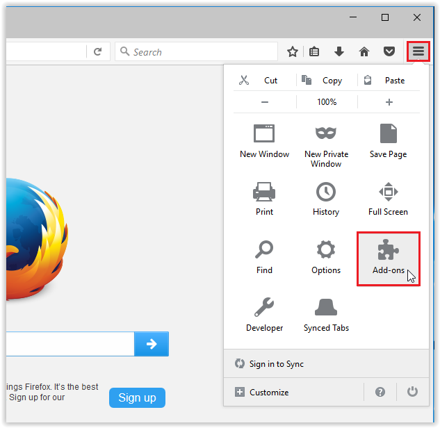 Add-ons option in the FireFox tools drop-down menu