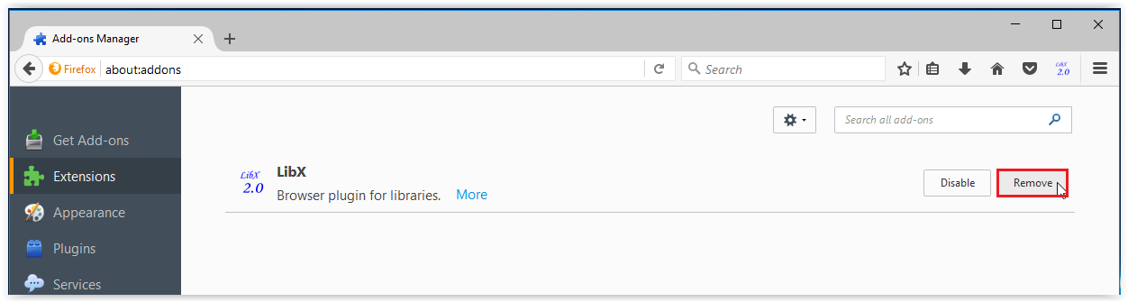 remove button under Extensions