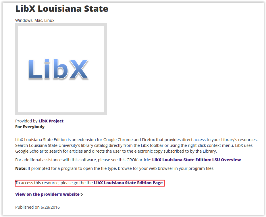 LibX TigerWare entry and link to visit the LibX Louisiana State Edition Page