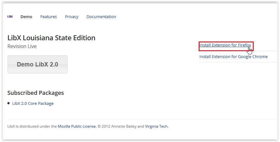 LibX website with the 'Install Extension for Firefox' option on the sidebar