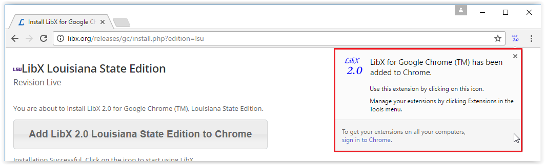 Notification that the LibX extension was installed successfully