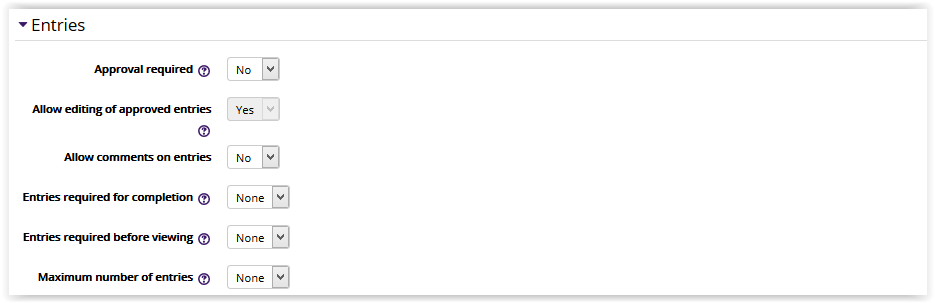 The Entries section in database settings