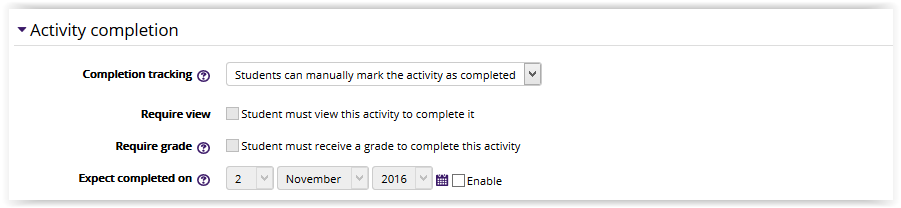 The Activity completion section in database settings