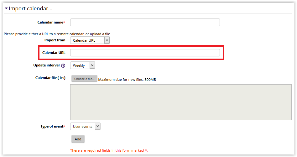 Calendar URL fieldbox