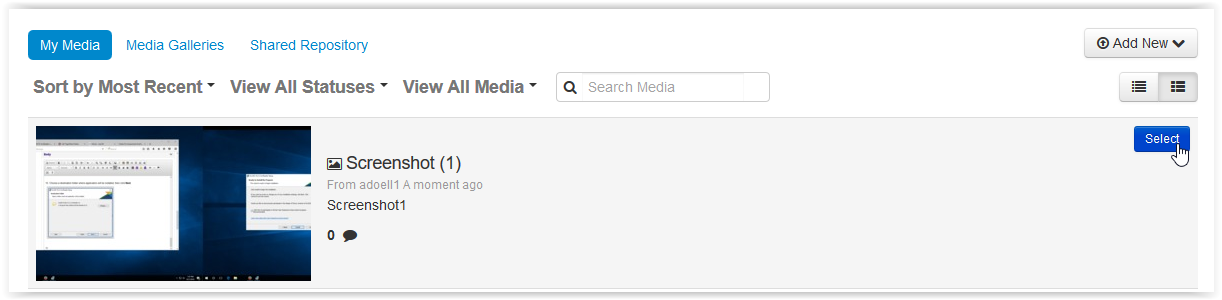 File upload selection on kaltura
