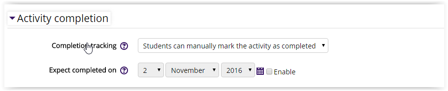 activity completion settings tab