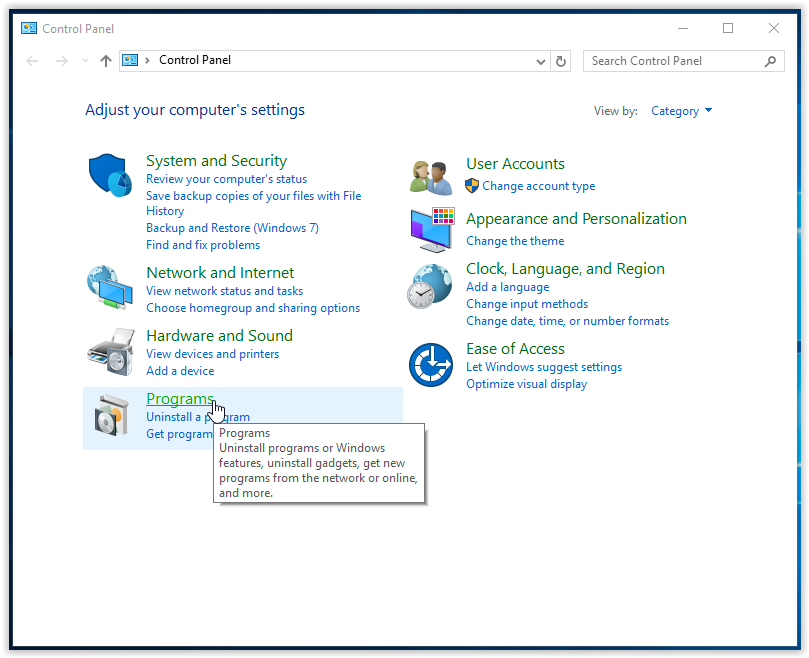 Programs button in the control panel