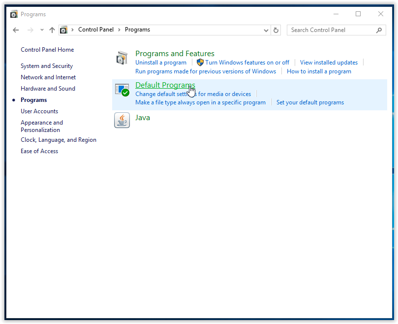 Default programs button in the control panel