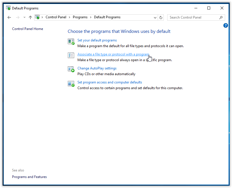 associate a file type or protocol with a program option in the control panel