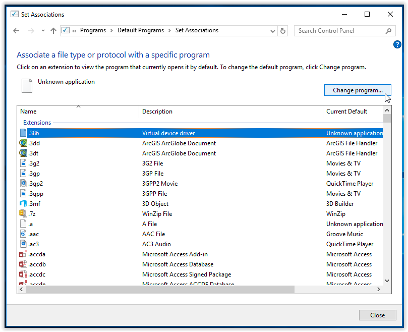 set associations options in control panel