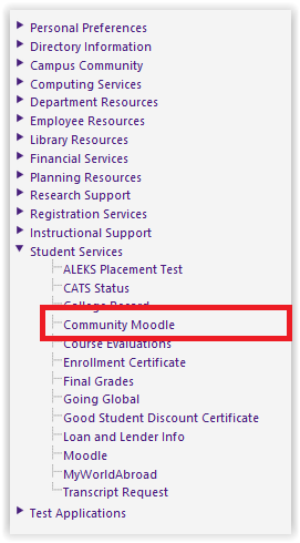 Community Moodle from under the Student Services drop down