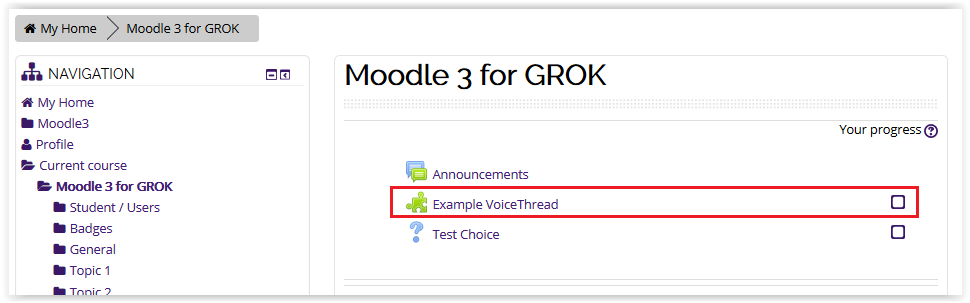 The Voice Thread activity highlighted on the course page
