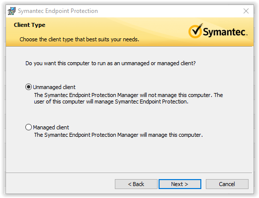 symantec client type options