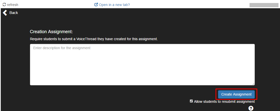 the assignment description window with the Create Assignment button highlighted