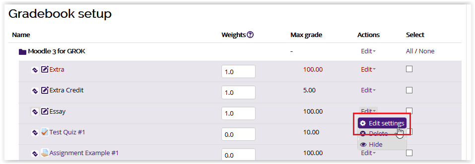 editing settings for a graded item