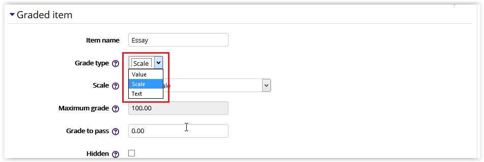 choosing the type of grading method for an item