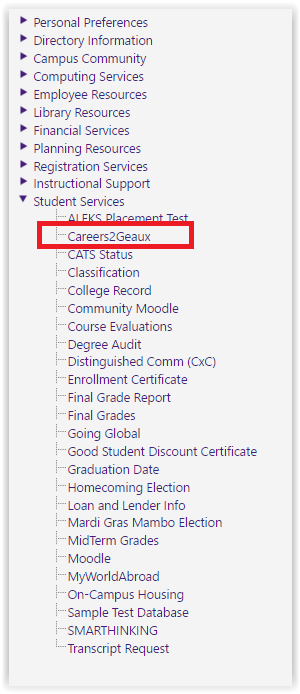 Student services drop menu with careers2geaux highlighted