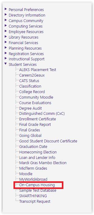 student services drop down menu indicating on campus housing