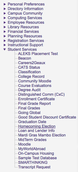 Homecoming Election option at the bottom of student services.