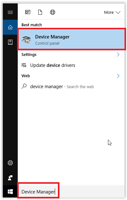 the start menu with Device manager in the search bar