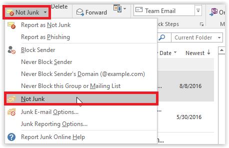 Labeling an email as not junk