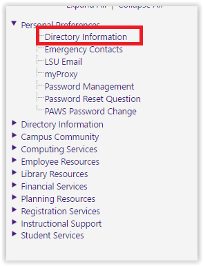 the directory information link under personal preferences