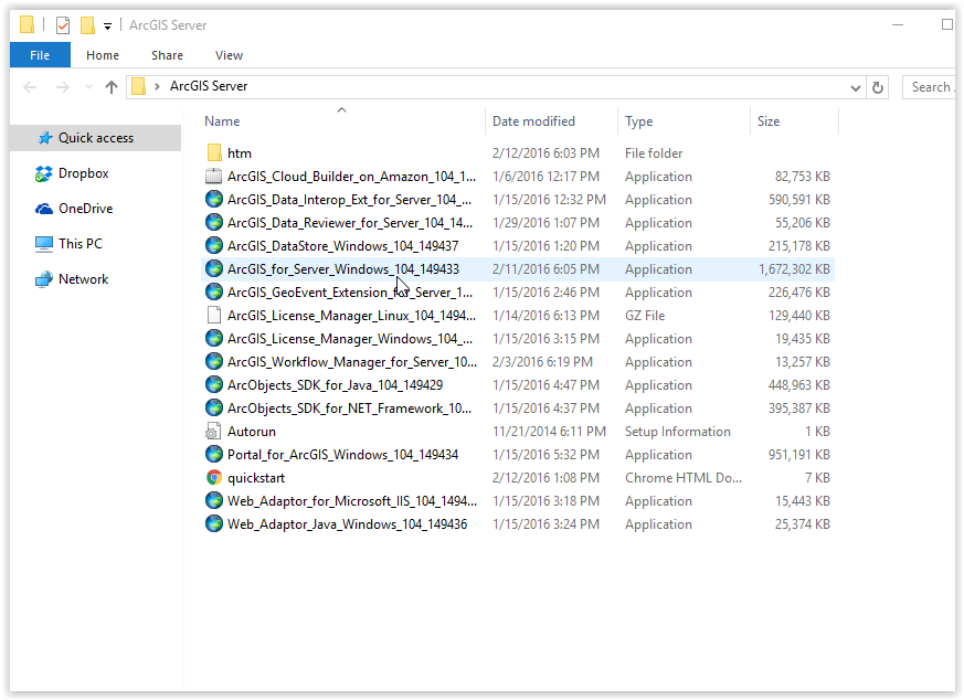 Selecting the ArcGIS_for_Server_Windows_104_149433 file from the installation package.