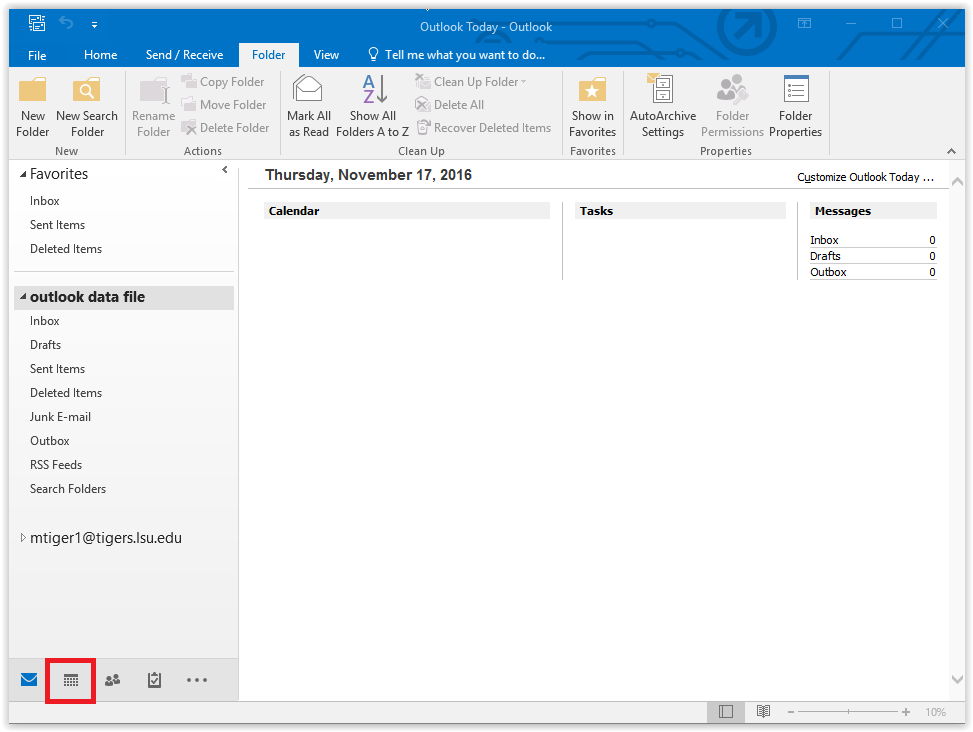 opening calendar in Outlook 2016