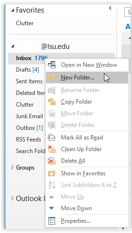 right click inbox with new folder selected