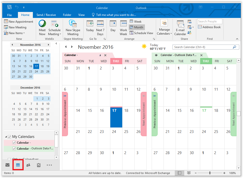 opening calendar in outlook