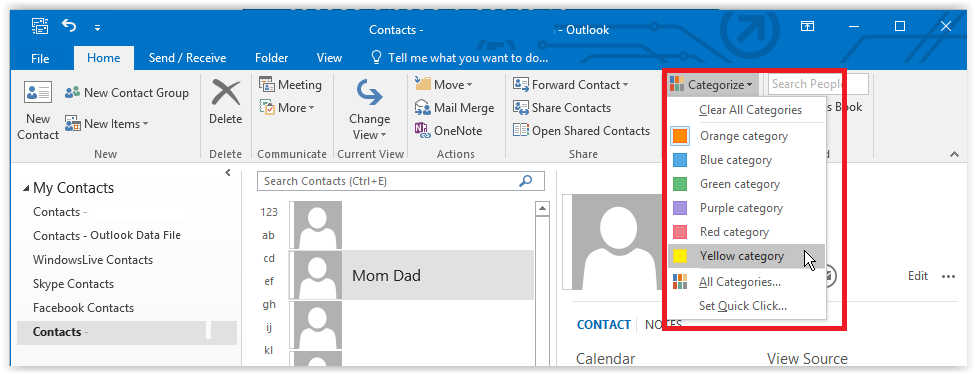 categorizing contacts in outlook