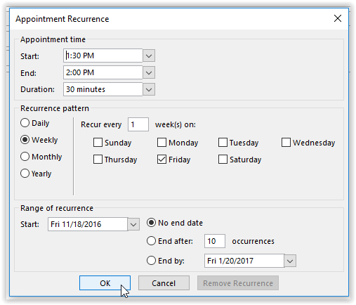 Appointment Recurrence settings
