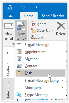 new task option in outlook