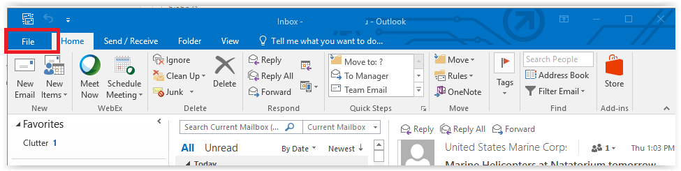 clicking the file menu in outlook
