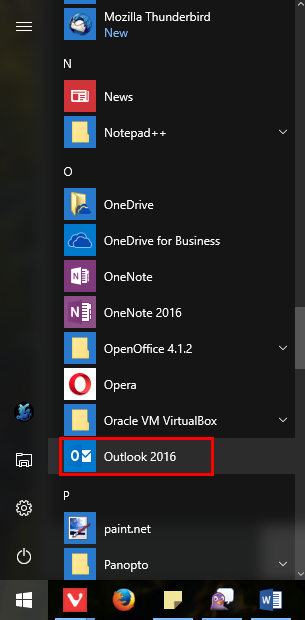Outlook 2016 in the Start Menu