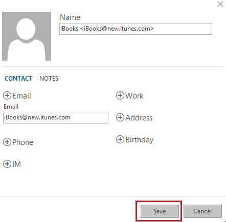 Adding contact screen with save button highlighted